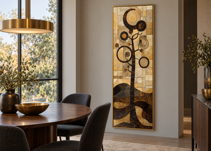 Tall vertical mid-century modern tree canvas wall art with gold and black geometric circular motifs.