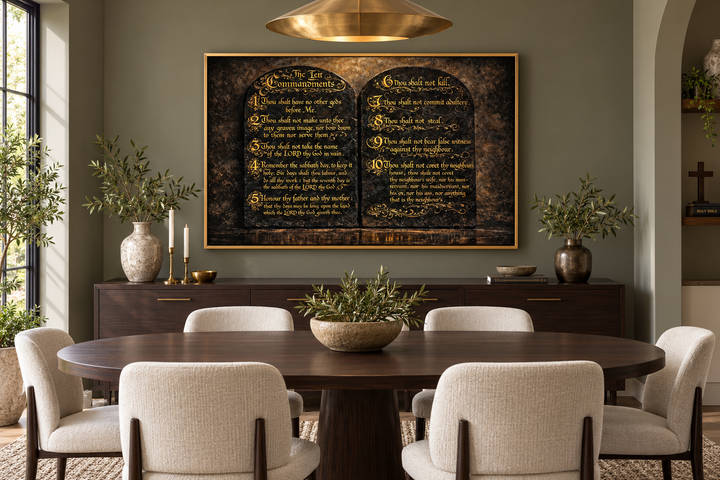 Dark gold Ten Commandments canvas wall art in a gold frame above a dining room sideboard.
