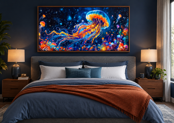 Trippy jellyfish framed canvas wall art above a bed in a navy blue bedroom.