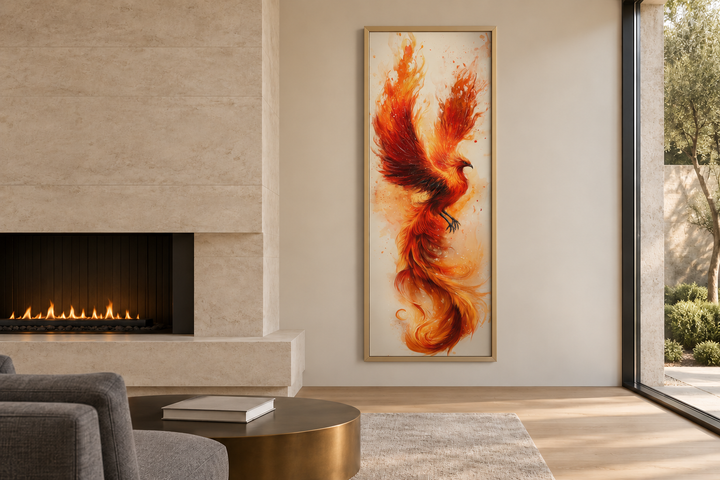 Tall narrow framed canvas wall art of a fiery orange and red phoenix in a modern living room.