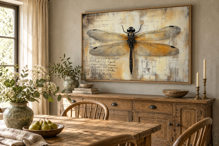 Vintage dragonfly illustration framed wall art in a rustic dining room above a wooden sideboard.