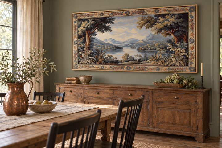 Antique River Landscape Framed Tapestry Canvas Wall Art above a rustic wooden sideboard.