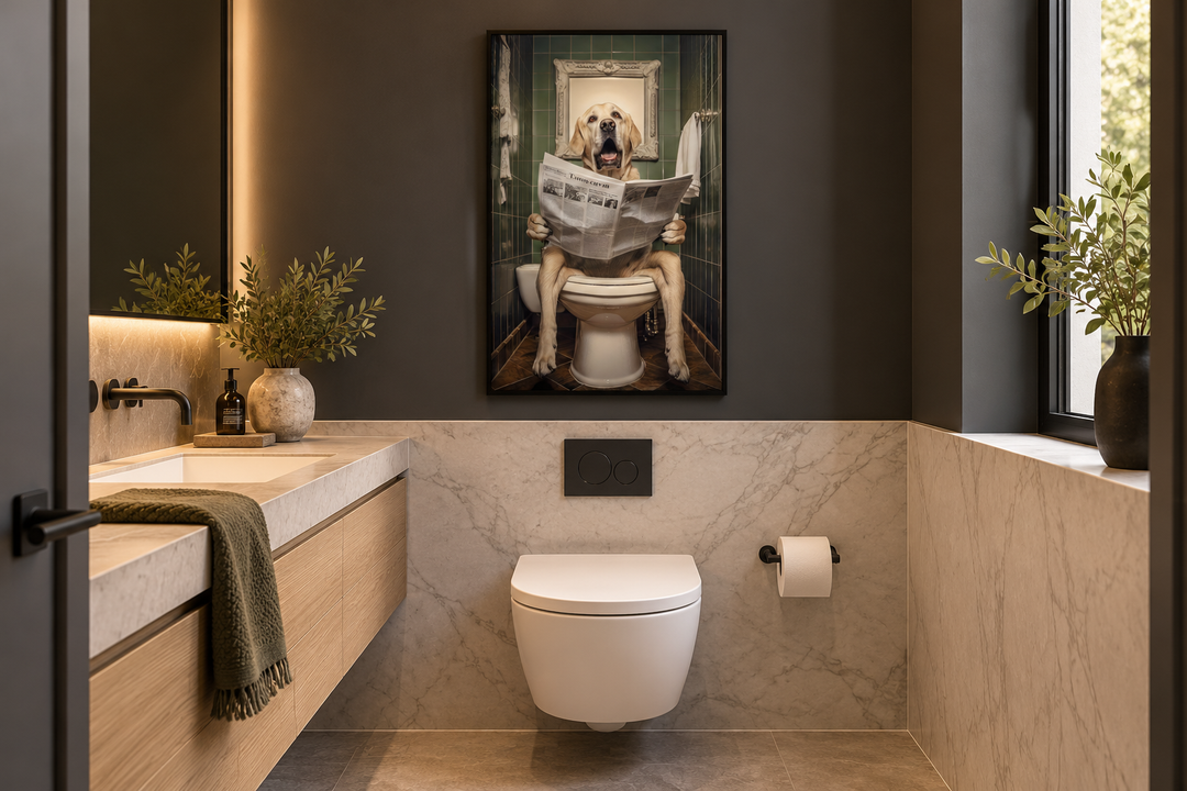Framed wall art of a white Labrador Retriever sitting on a toilet reading a newspaper in a bathroom.