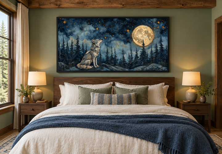 Wolf wall art canvas featuring a wolf under a full moon in a night forest above a bed.