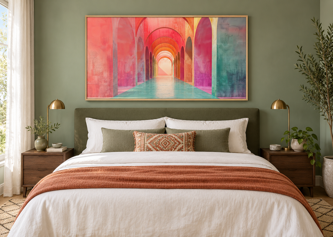 Mediterranean Archways Wall Art in a pink and green canvas print above a bed in a sage green room.