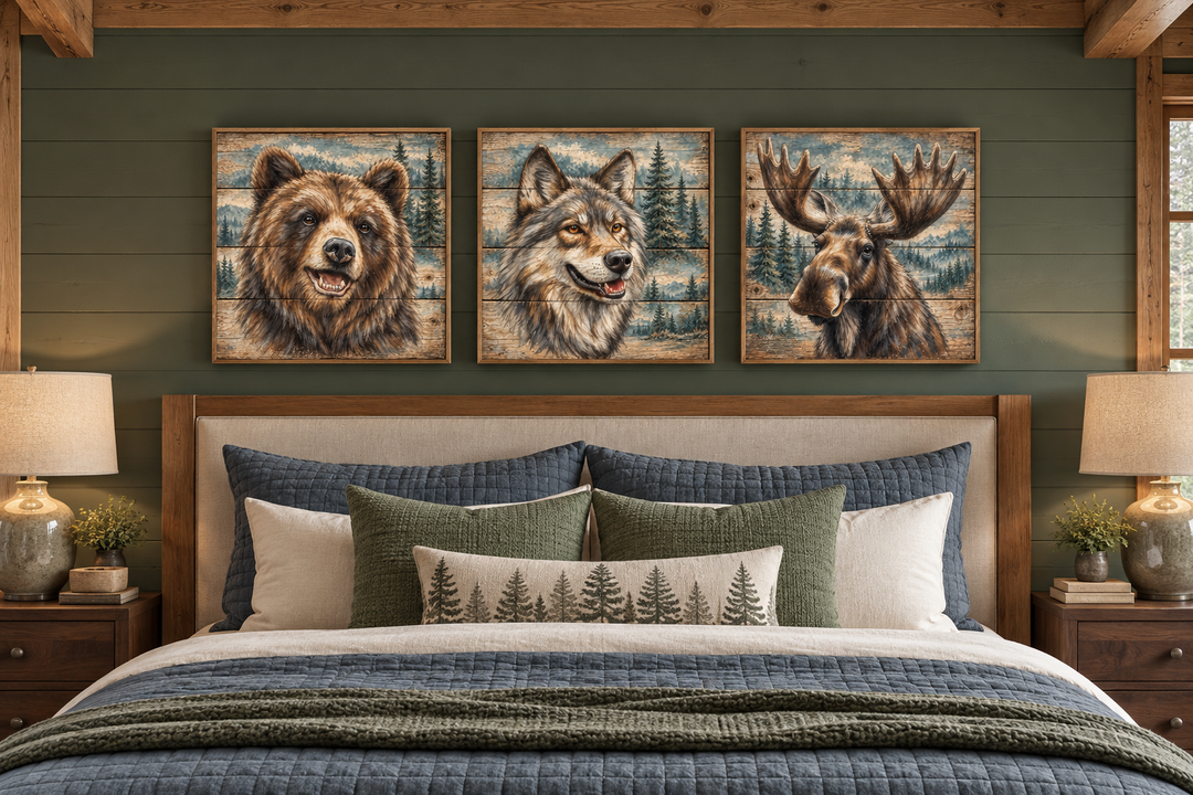 Set of three framed wildlife canvas prints featuring a bear, wolf, and moose above a cabin bed.