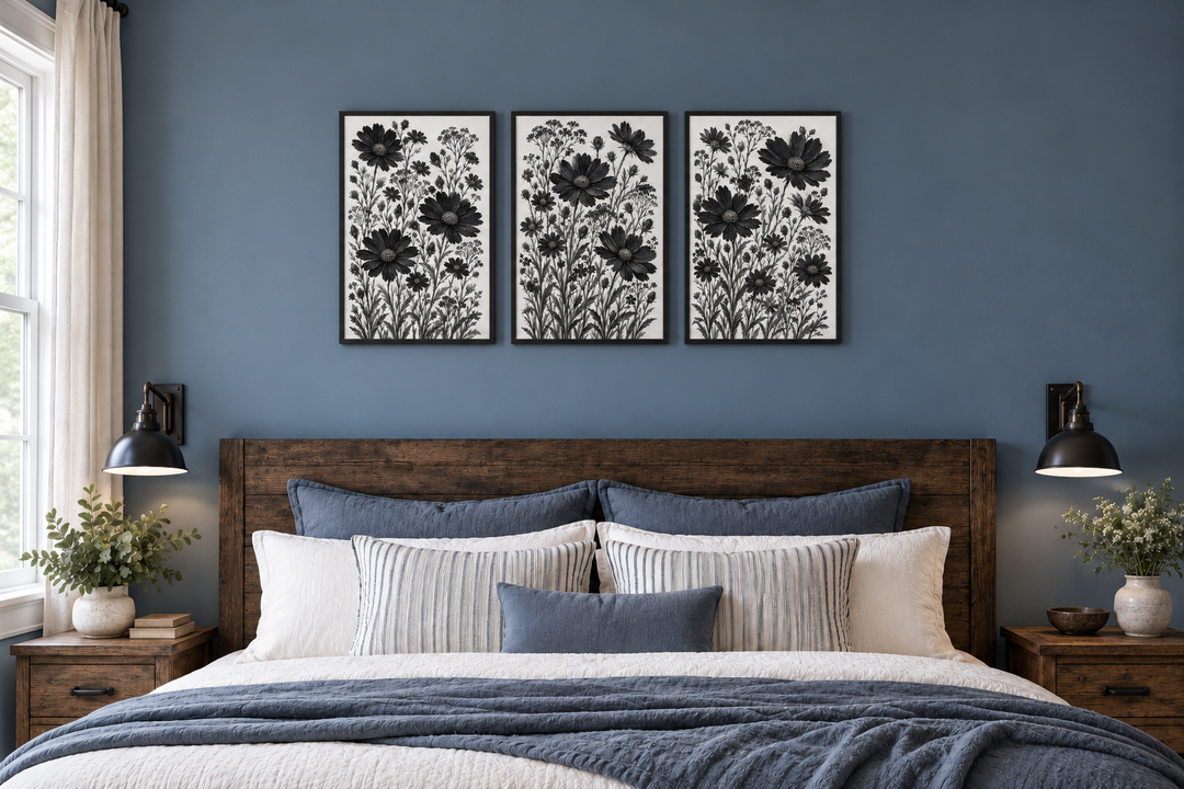 Set of 3 black and white wildflower canvas prints in black frames above a rustic wooden headboard.