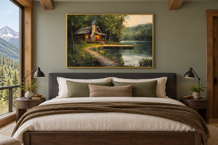 Cabin On The Lake Framed Canvas Wall Art hanging in a rustic bedroom above a bed.