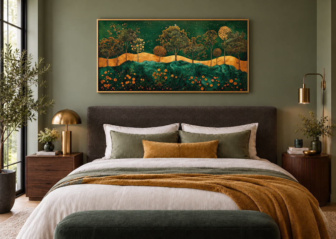 Emerald green and gold Art Nouveau framed canvas print with a tree motif above a bed.