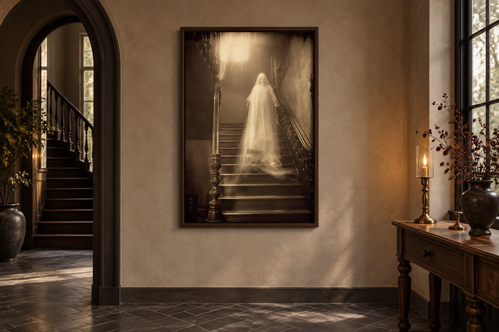 Framed canvas wall art of a ghostly figure on stairs in a sepia-toned haunted house photograph.