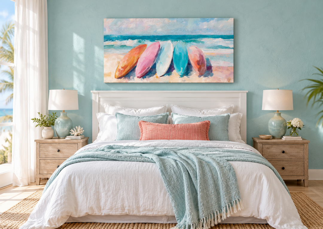 Coastal canvas wall art with pastel surfboards above a bed in a light blue beach-themed bedroom.