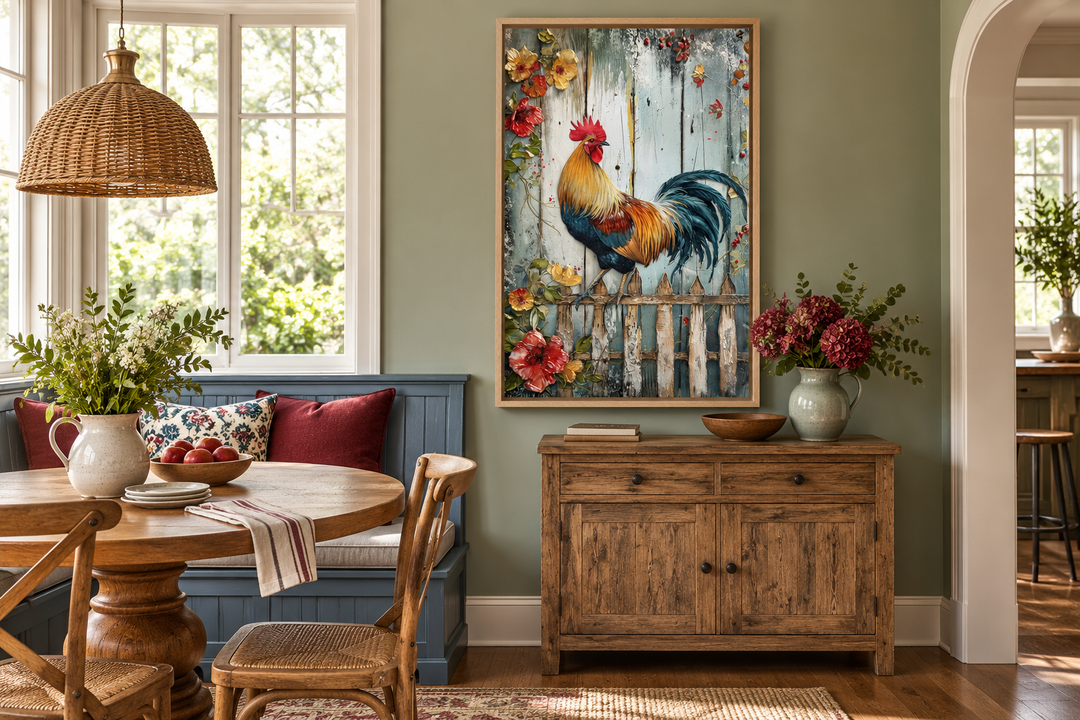 Rooster on a fence rustic farmhouse framed canvas wall art in a dining room setting.