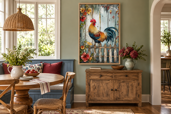 Rooster on a fence rustic farmhouse framed canvas wall art in a dining room setting.