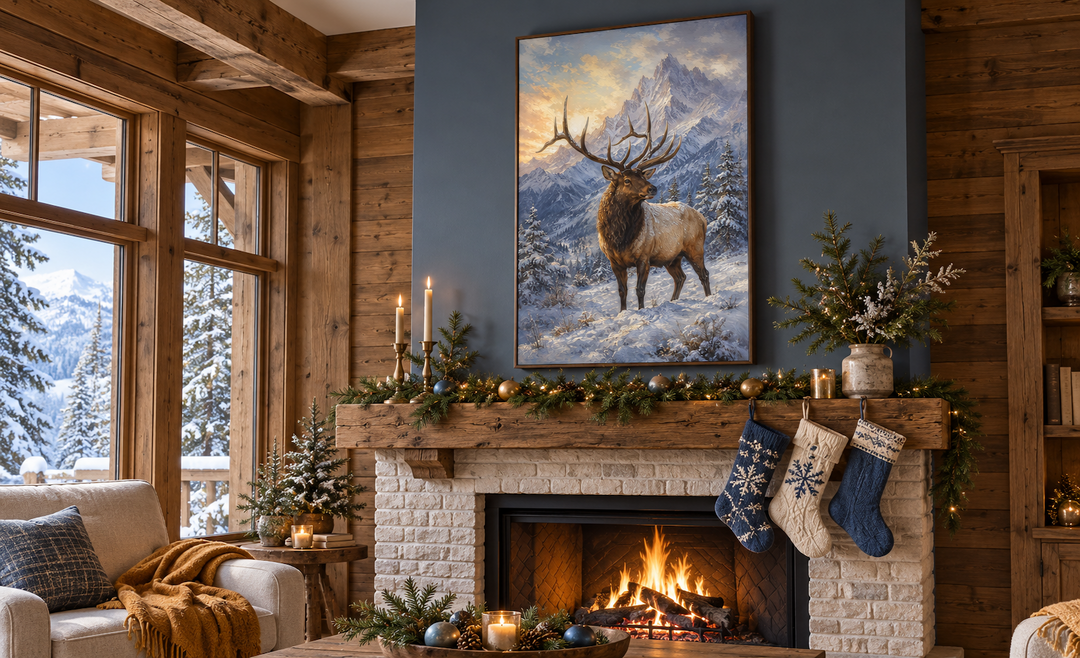 Elk in snowy mountains framed canvas wall art hanging above a fireplace in a rustic winter cabin.