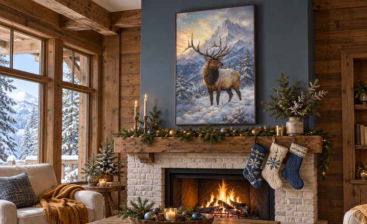 Elk in snowy mountains framed canvas wall art hanging above a fireplace in a rustic winter cabin.