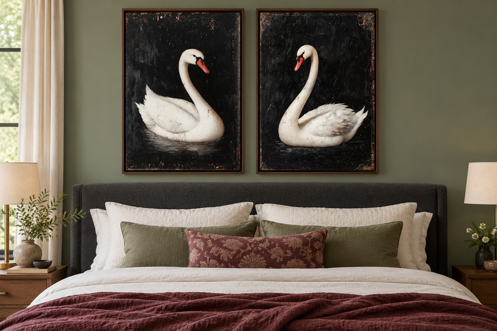 Set of 2 framed canvas wall art pieces featuring white swans on a black background above a bed.