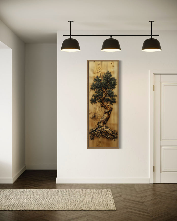 Oak Tree Painted On Wood Slice Vertical Framed Canvas Wall Art in living room