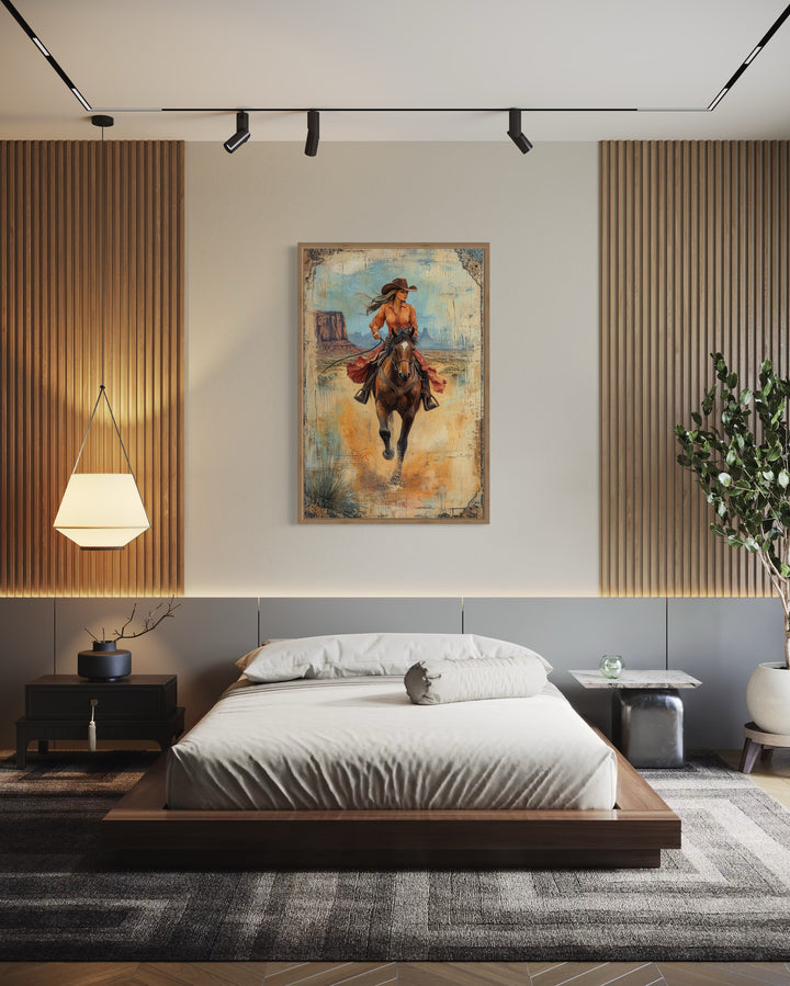 Cowgirl Riding A Horse In Monument Valley Framed Canvas Wall Art in bedroom