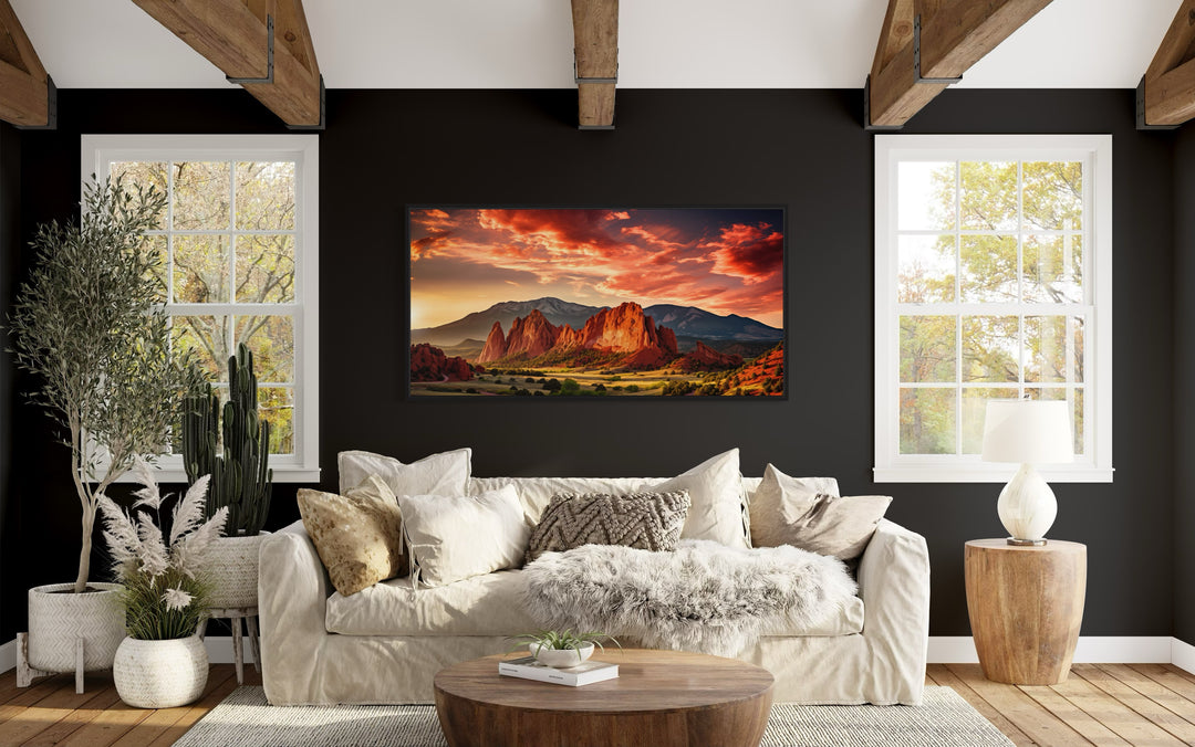 Garden of the Gods Pikes Peak Colorado Mountains Framed Canvas Wall Art in living room