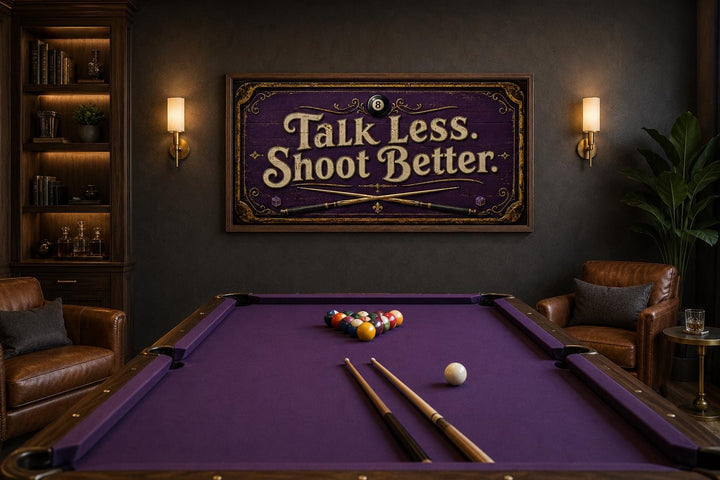 Talk Less Shoot Better Vintage Pool Hall Sign with Crossed Cues and 8-Ball, Purple Gold Billiards Wall Art