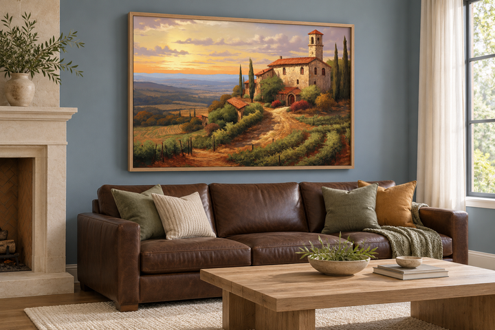 Rolling hills of Tuscany Italy framed canvas wall art above a brown leather sofa in a living room.