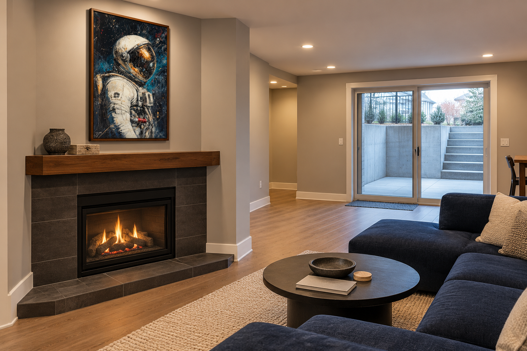 Astronaut Graffiti Framed Canvas Wall Art in a walnut frame hanging above a modern fireplace.