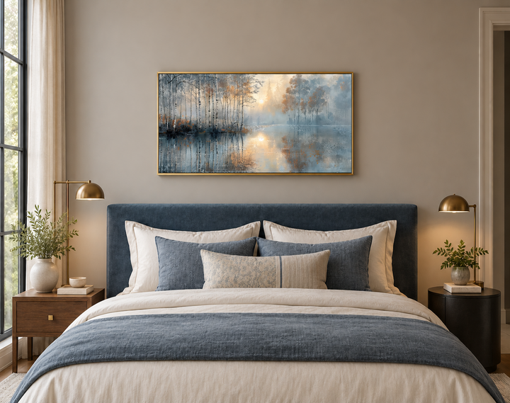 Birch Trees Wall Art in a gold frame above a blue upholstered bed in a modern minimalist bedroom.