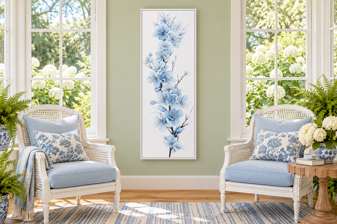 Blue watercolor floral sakura blossom vertical narrow canvas wall art in a sunlit room.