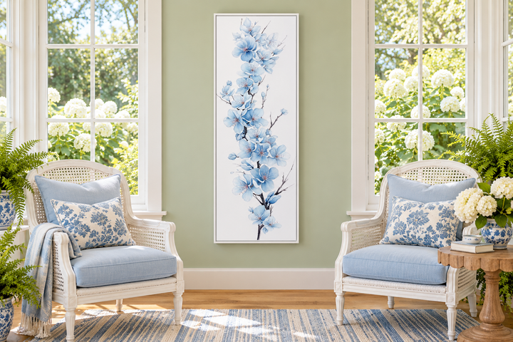Blue watercolor floral sakura blossom vertical narrow canvas wall art in a sunlit room.