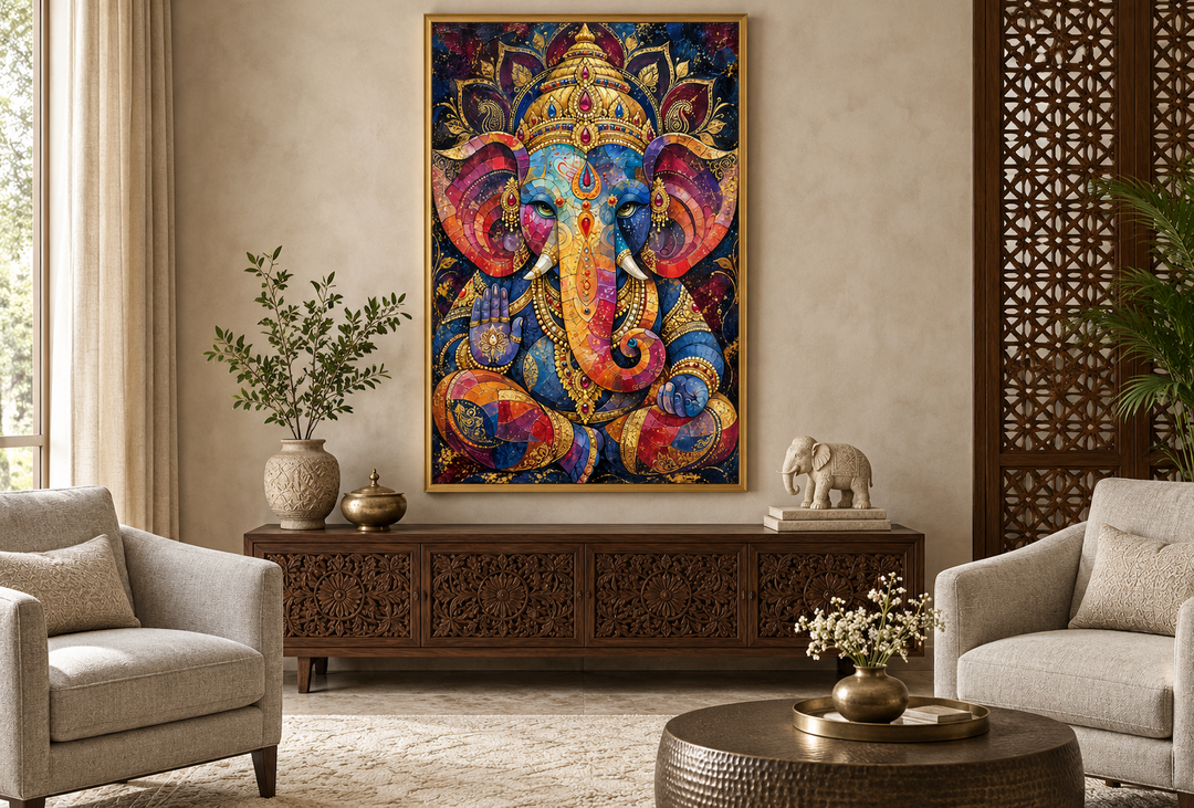 Colorful modern Lord Ganesha framed canvas wall art hanging above a carved wood console table.