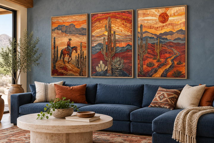 3 piece southwestern canvas wall art set with a cowboy, saguaro cactus, and Arizona desert sunset.