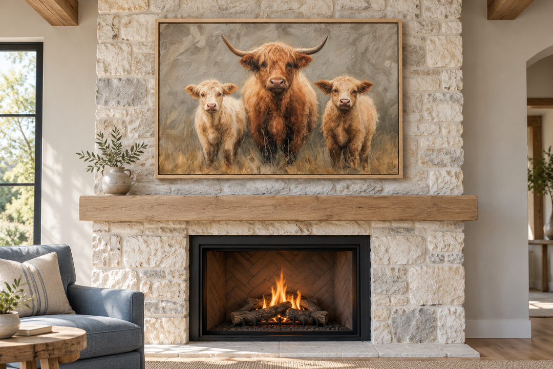 Highland Cow and Two Calves canvas wall art in an oak frame above a stone fireplace.