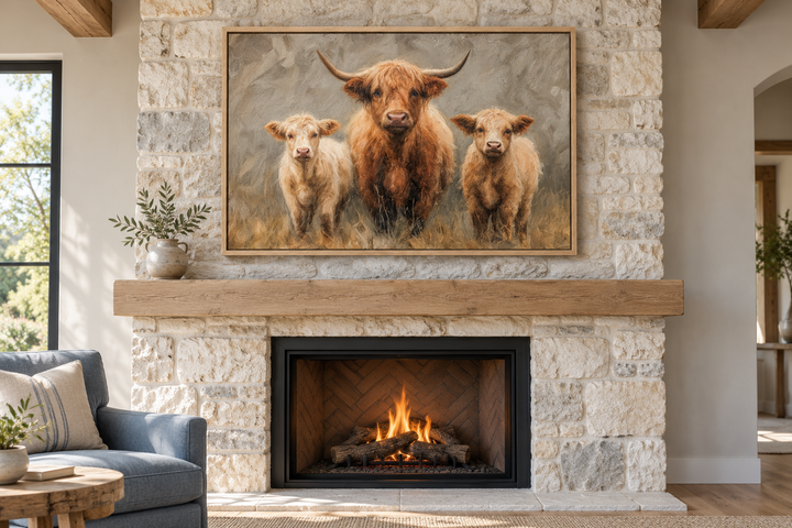 Highland Cow and Two Calves canvas wall art in an oak frame above a stone fireplace.