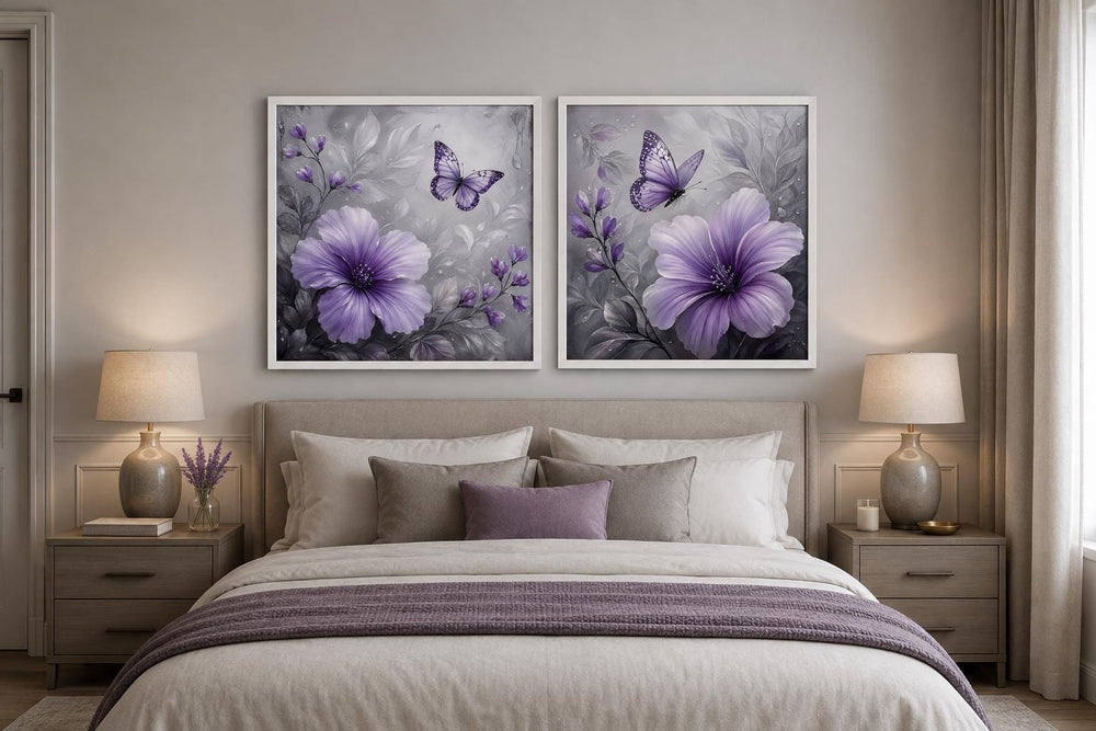 Set of 2 purple hibiscus flower and butterfly art prints on a moody gray floral background.