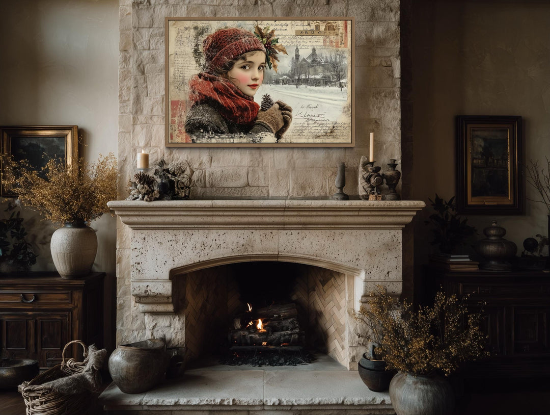 Christmas Girl Vintage Postcard Style Framed Canvas Wall Art
