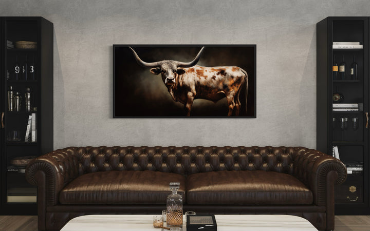 Brown Longhorn Steer Painting Framed Large Canvas Wall Art in living room