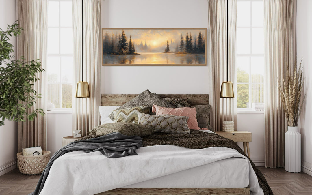 Sunrise Over Misty Lake Panoramic Over Bed Canvas Wall Art above bed