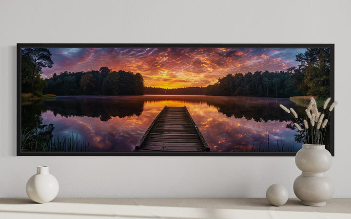 Lake Landscape With Fishing Pier At Sunset Horizontal Canvas Wall Art close up