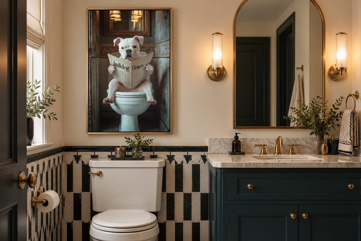 Framed wall art of an American Bulldog reading a newspaper while sitting on a toilet in a bathroom.