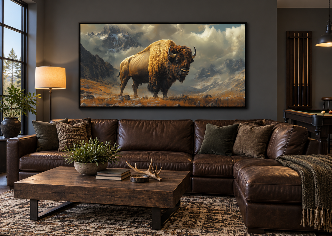 Framed canvas wall art of an American bison in a mountain landscape above a brown leather sectional.