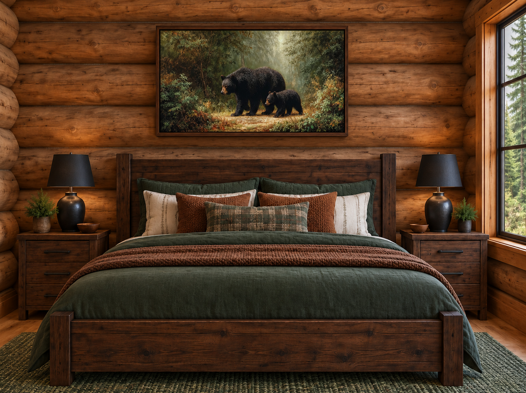 Black mama bear and cub walking through a forest in a horizontal canvas wall art above a bed.