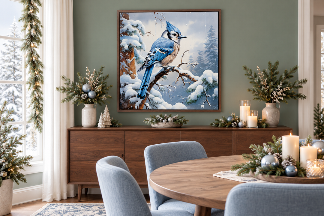 Blue Jay In Snow Winter Framed Canvas Wall Art For Christmas Decor