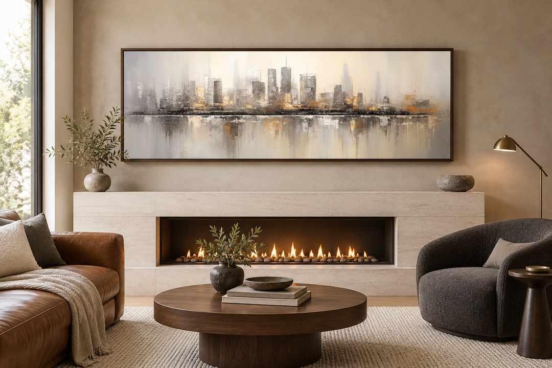 Abstract Chicago skyline wall art in gold and silver tones above a modern fireplace.