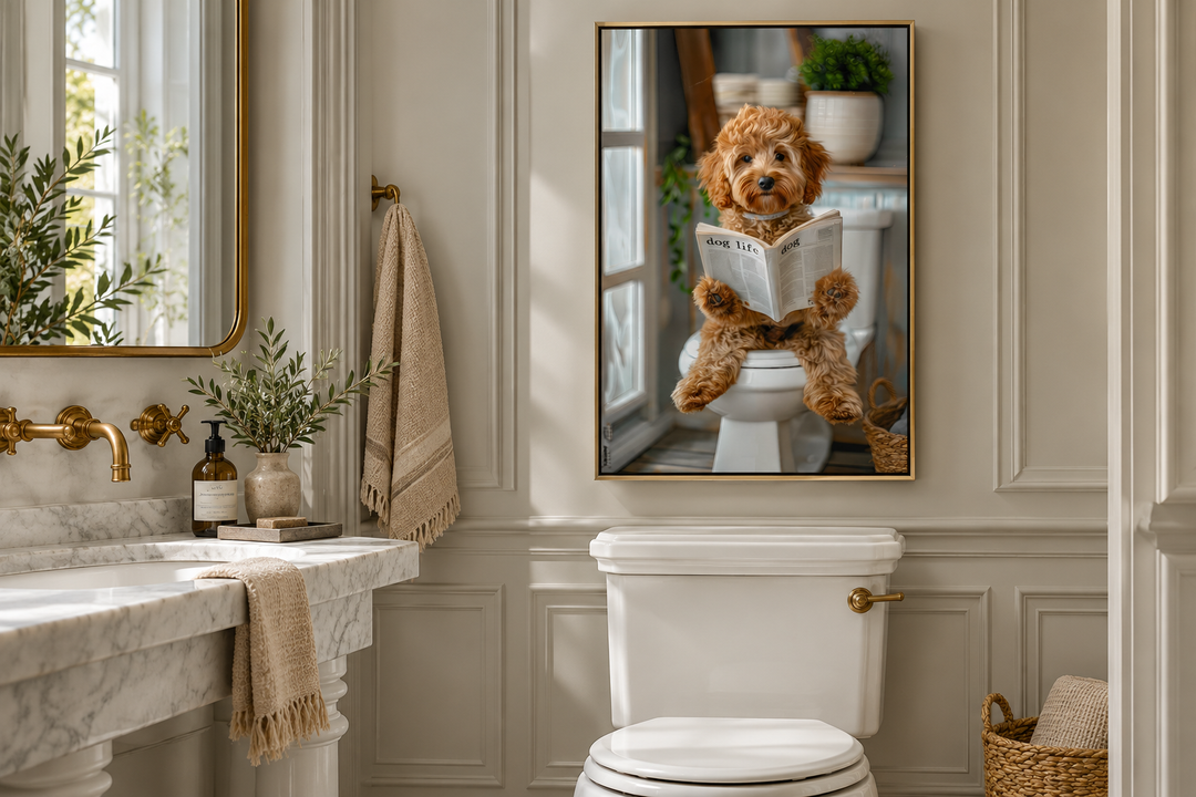 Framed wall art of a Cockapoo dog sitting on a toilet reading a newspaper in a neutral bathroom.