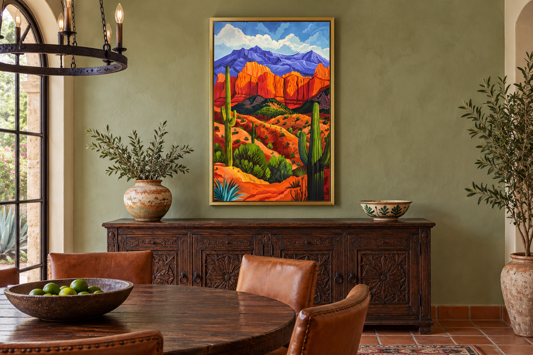 Colorful desert and saguaro cactus framed canvas wall art in a southwestern dining room.