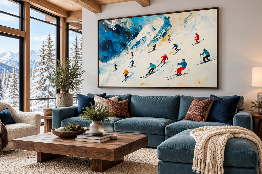 Framed impressionist canvas art of colorful skiers on a snowy mountain slope above a blue sofa.