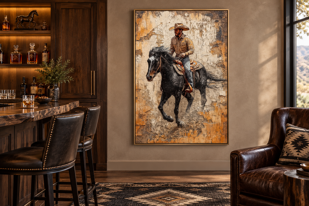Cowboy on a galloping black horse canvas wall art in a gold frame, hanging in a rustic home bar.