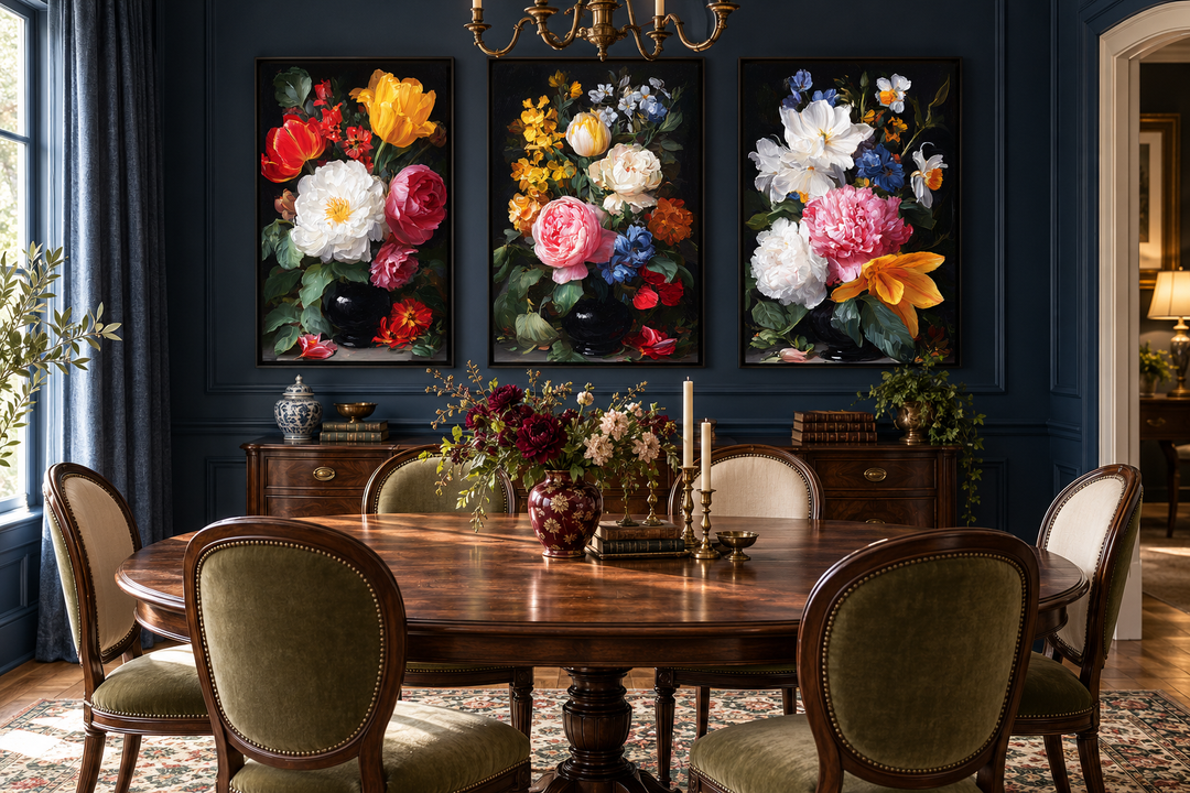 Set of 3 dark academia botanical canvas prints with vibrant flowers on a black background.