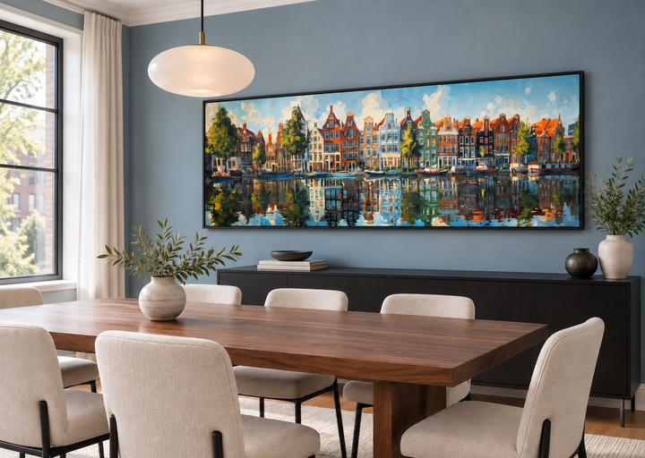Dutch Houses And Canal Panoramic Framed Canvas Wall Art