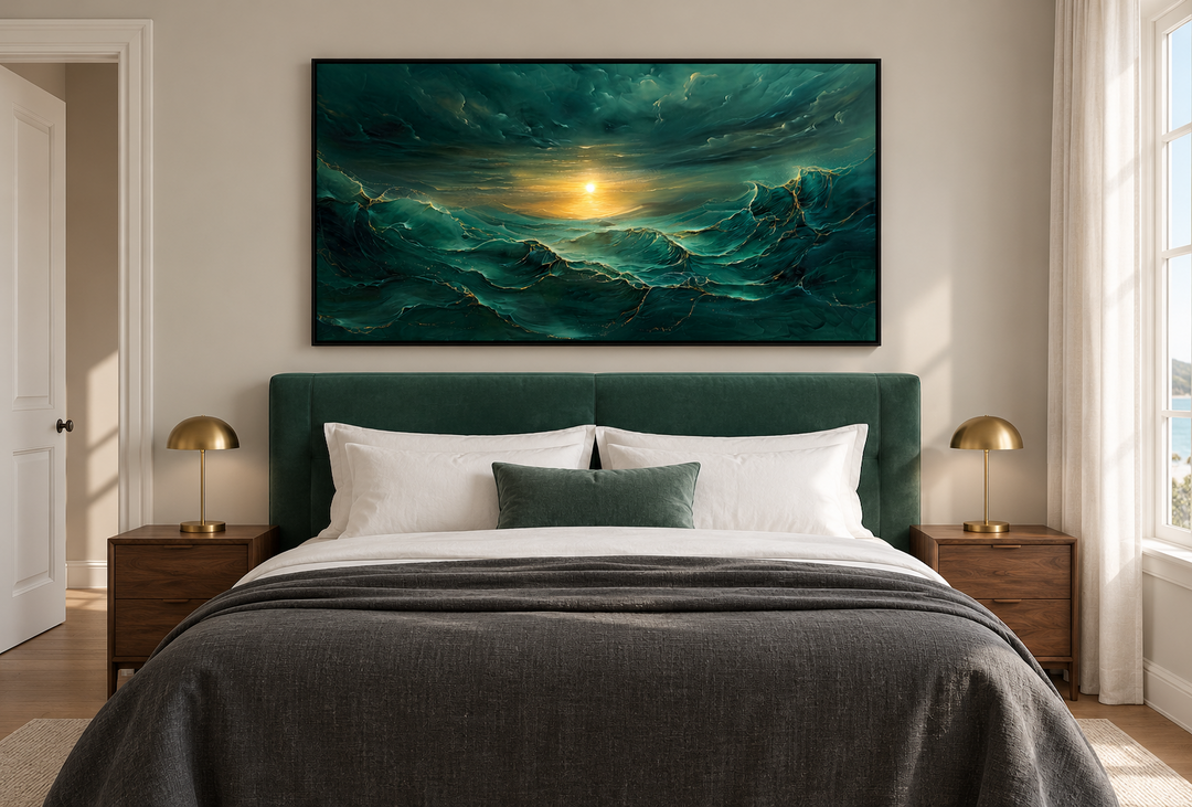 Framed abstract emerald green and gold ocean wave canvas art hanging above a bed in a bedroom.